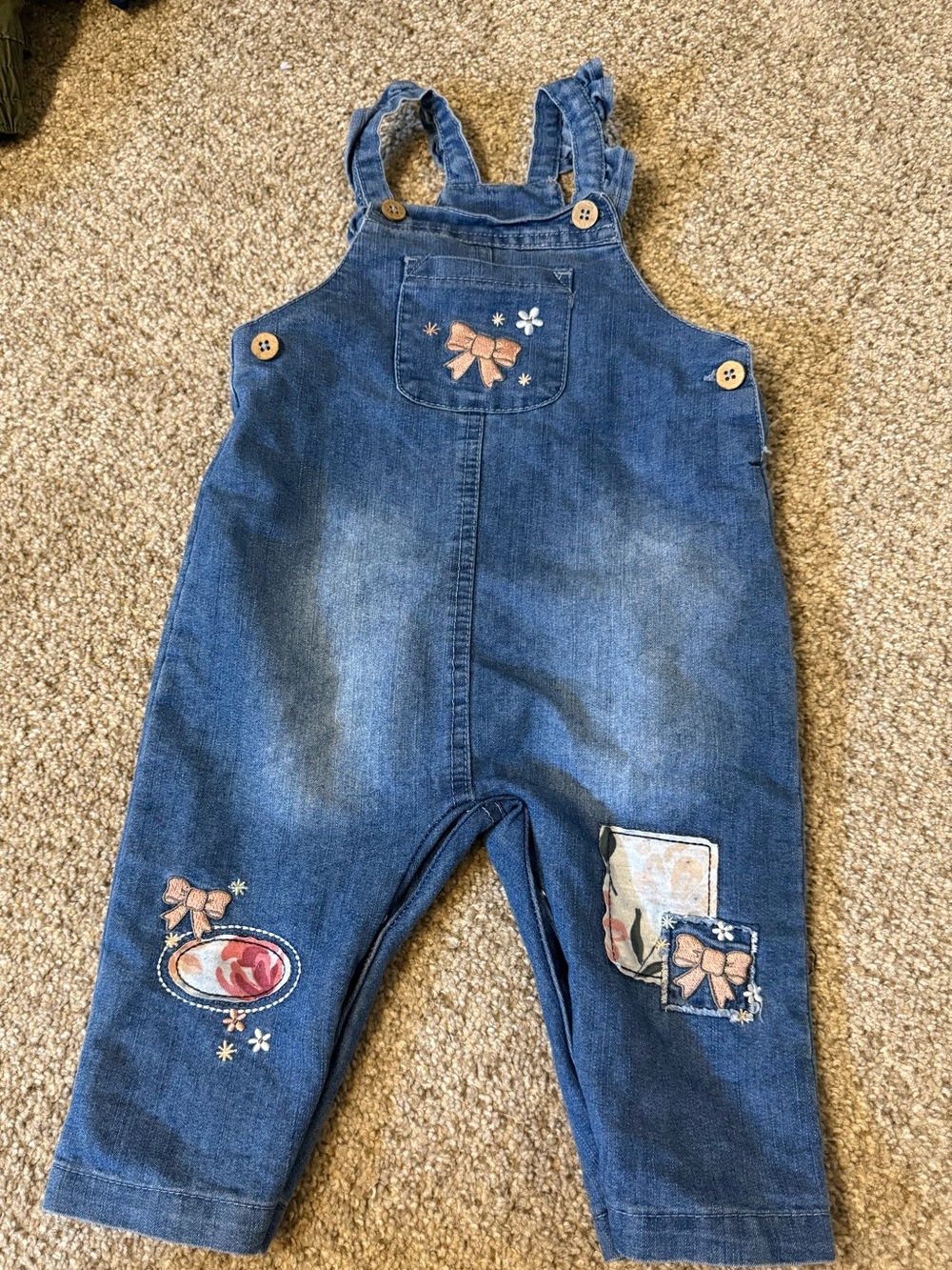Denim Blue Toddler Overalls with Bow Embroidery 12-18 months